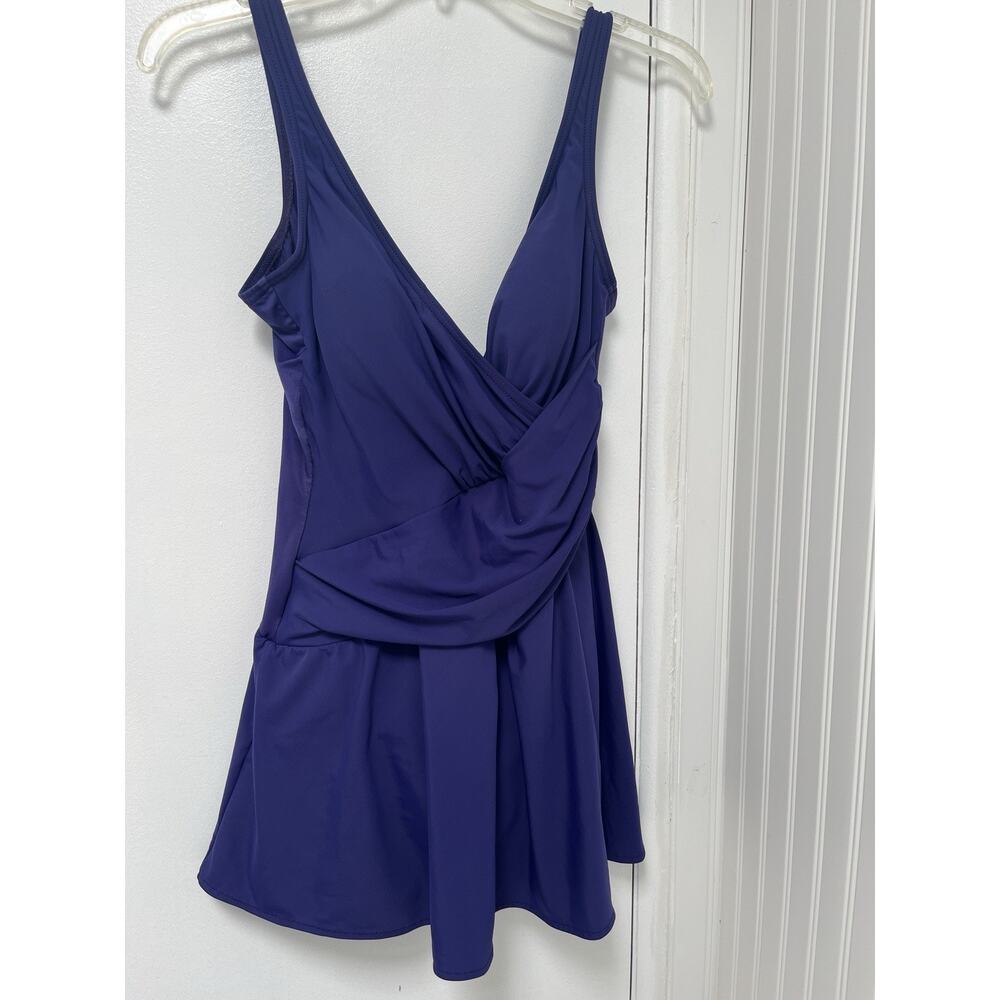 Miraclesuit One Piece Slimming Bathing Suit Swimsuit Rouche Purple V Neck Dress